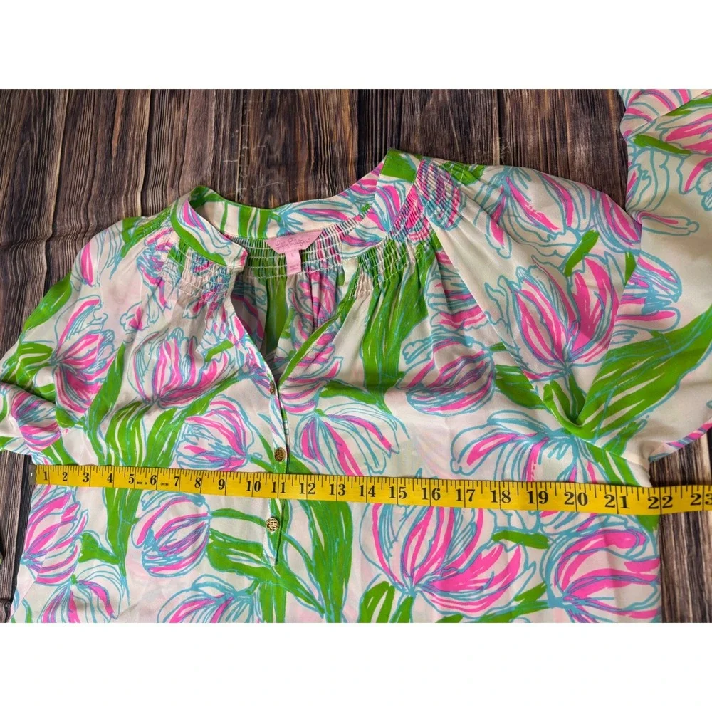 Lilly Pulitzer Silk Blouse Womens Large Tulip Time Floral Pink Green Button Top - Picture 6 of 12
